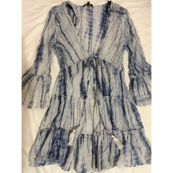 Spiaggia Dolce Dresses & Skirts - Spiaggia Dolce Womens Navy White Tie Dye Cotton Tiered Mini Dress Tassel Size M